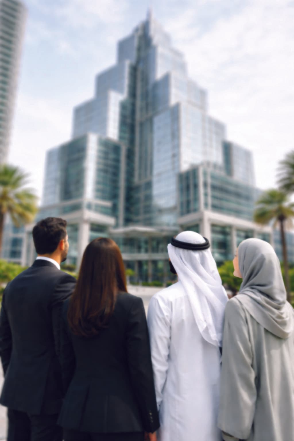 فريق عمل من مجموعة إنجازات يتطلع إلى أفق المدينة